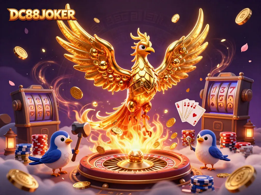 Experience dynamic gaming with DC88JOKER’s golden phoenix and casino elements illustrating prosperity and excitement.