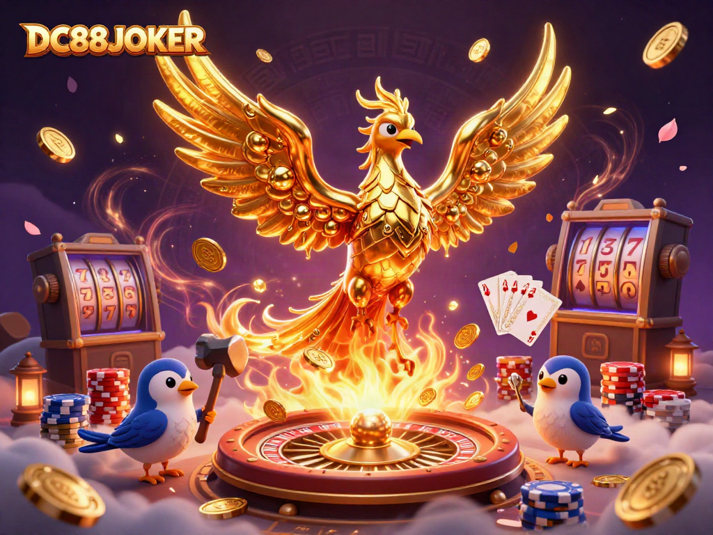 Experience dynamic gaming with DC88JOKER’s golden phoenix and casino elements illustrating prosperity and excitement.