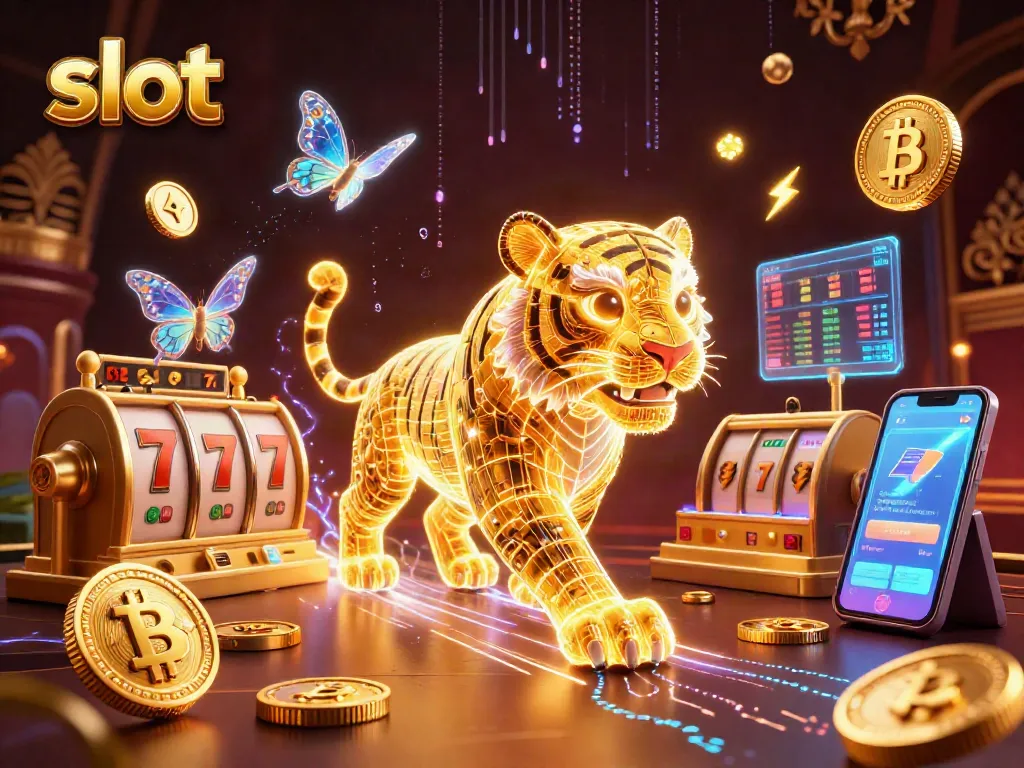 Engage in exhilarating slot gameplay alongside a neon tiger and crypto elements in a stunning casino.
