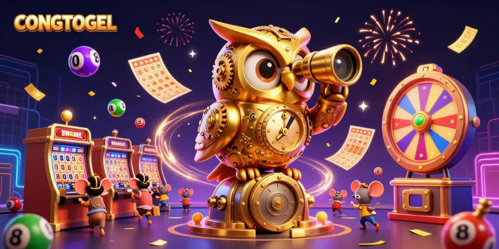 Experience the vibrant world of CONGTOGEL as lottery balls and golden owls animate a lively casino scene.
