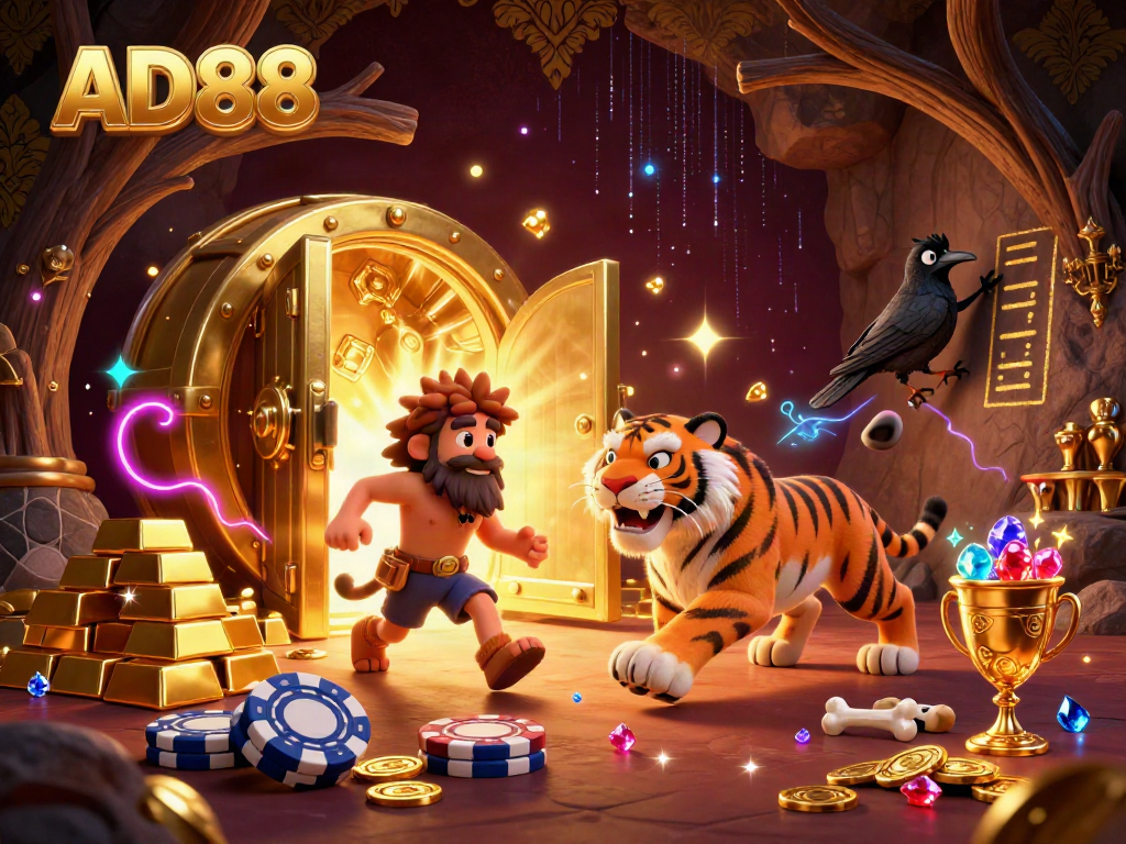 Experience gaming excitement at AD88 with a vibrant prehistoric casino featuring stone poker chips and glowing gems.