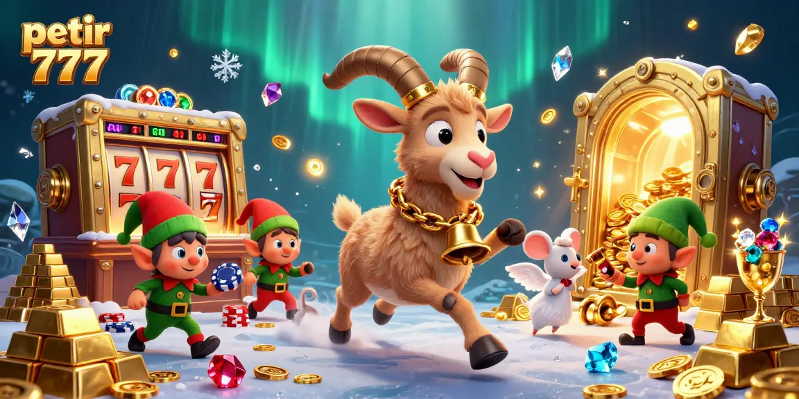 Experience petir 777 excitement with a vibrant 3D illustration of casino antics featuring festive characters and treasures.