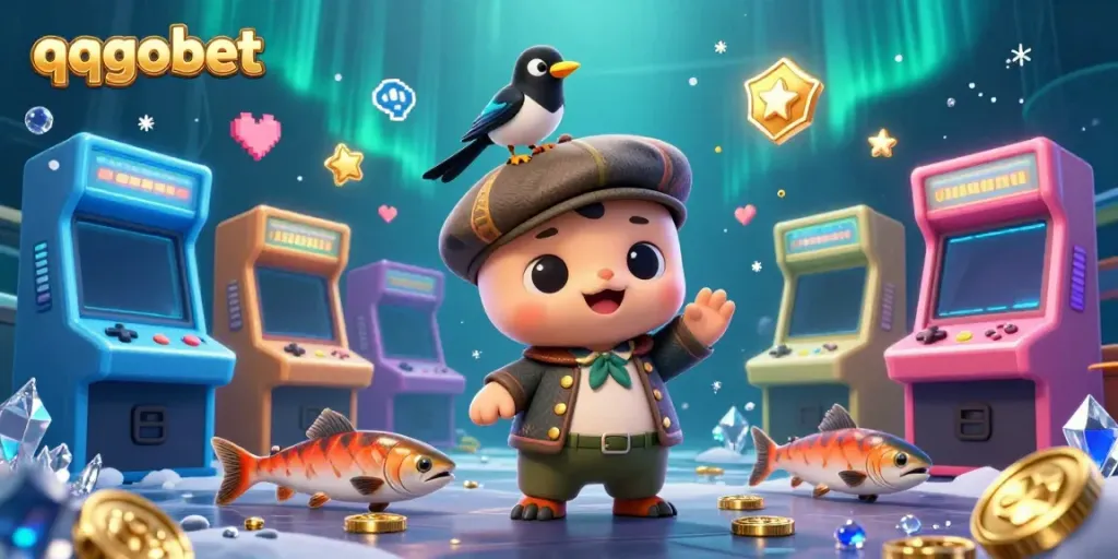 Enjoy lively gaming with qqgobet's vibrant casino-themed illustration featuring adorable characters.