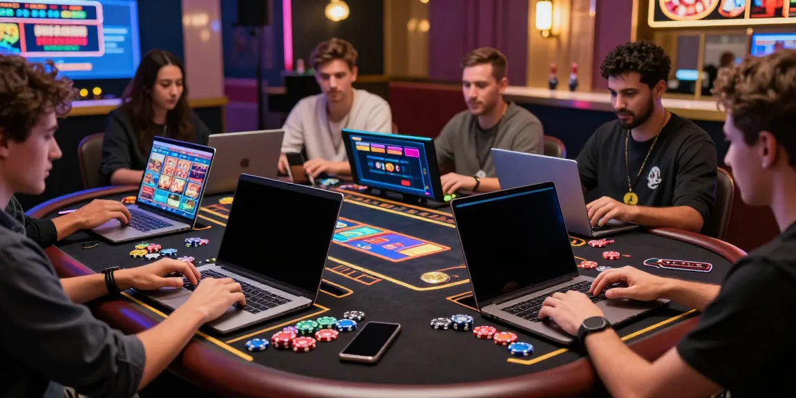 Engaging scene of players at a 2up casino enjoying various games on laptops and mobile devices.