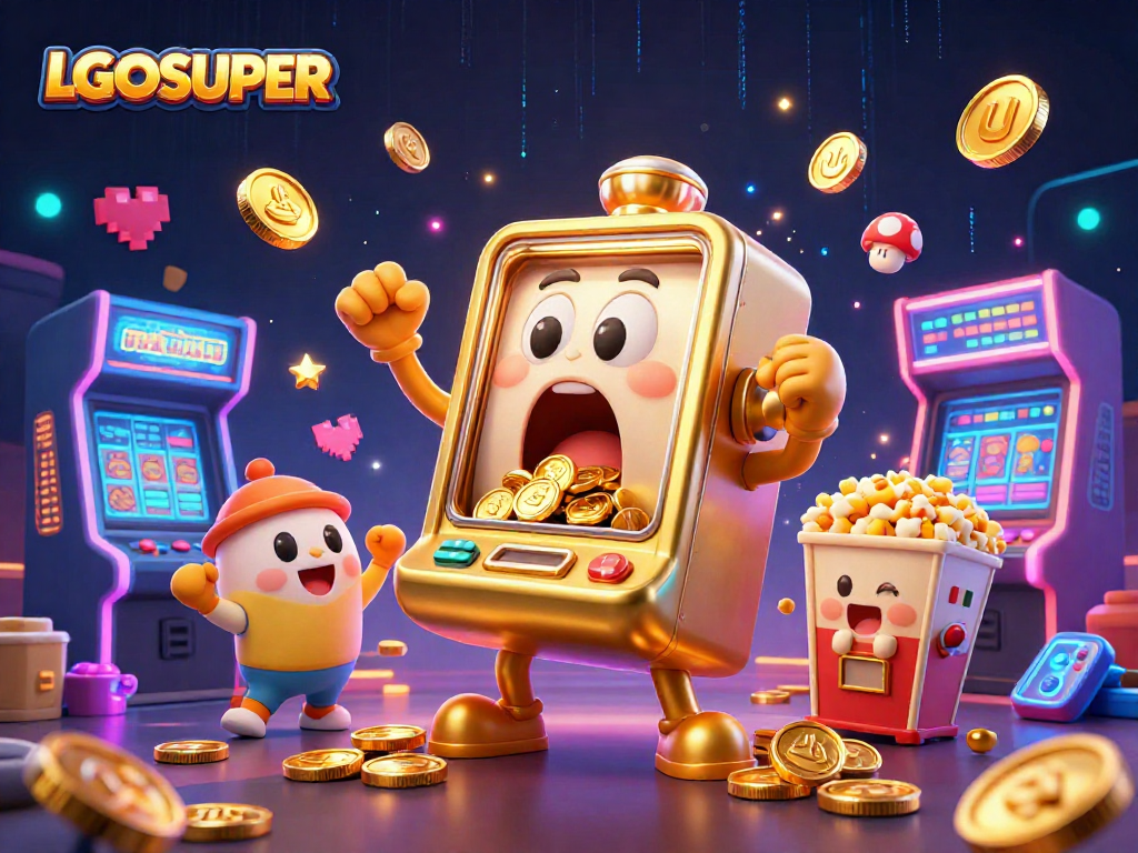 Spin to win with the LGOSUPER golden slot machine triumphantly spilling coins!