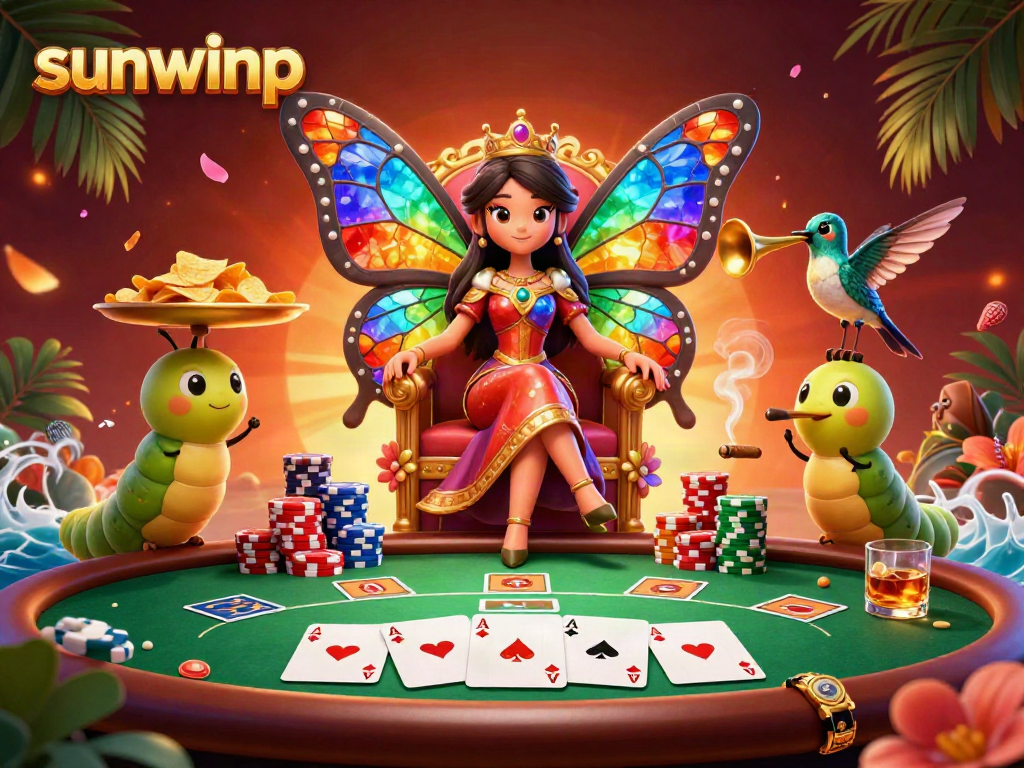 Experience the vibrant world of sunwinp with a majestic butterfly queen and lively casino elements embodying excitement and luxury.