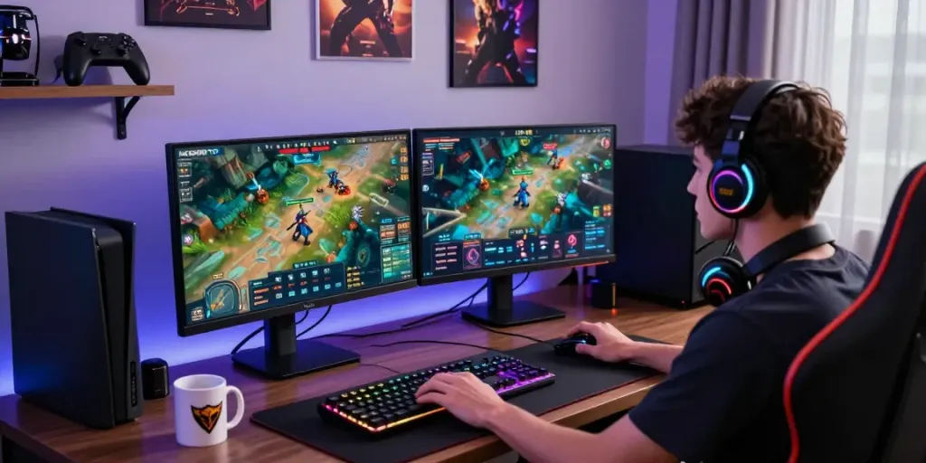 Pemain KEDIRITOTO sedang bermain di meja gaming modern dengan perangkat lengkap.