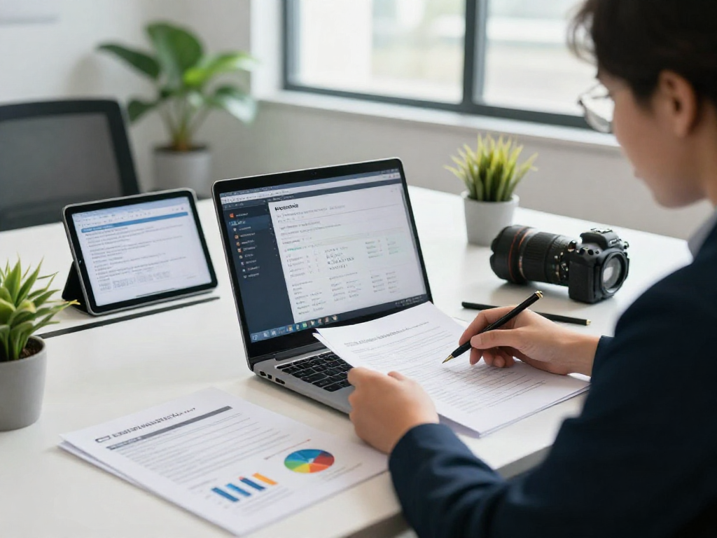 Document fraud detection analysis in a modern office setting with advanced software and printed reports.