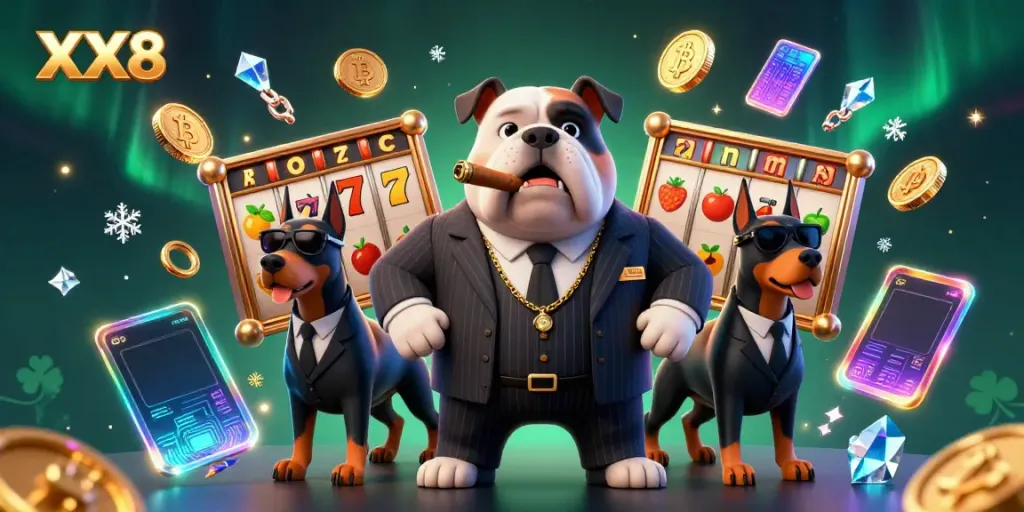 Experience the thrill of XX8 with a vibrant casino scene featuring a mafia boss and Doberman bodyguards, capturing the excitement of online gambling.