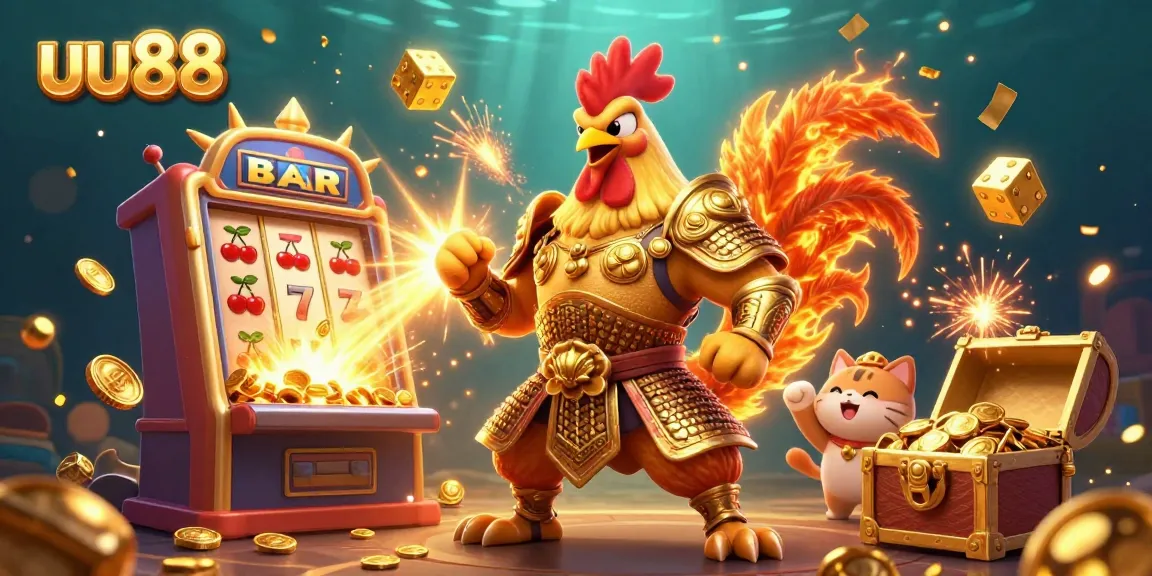 Engage with uu88's thrilling 3D scene featuring a dynamic gambling adventure with a fighting rooster and rewards.