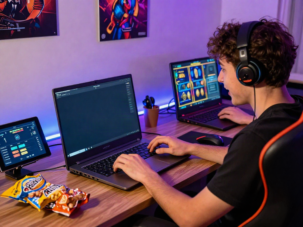 Pengalaman bermain slot88 online dengan laptop, makanan ringan, dan suasana gaming yang energik.