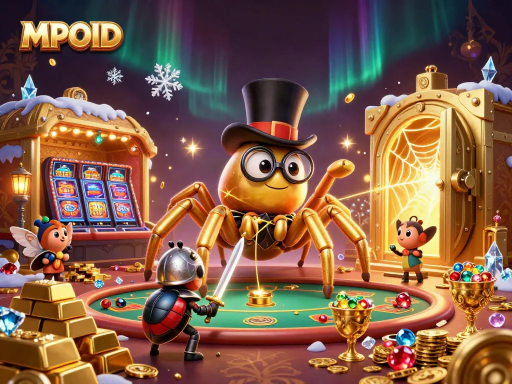 MPOID showcases an exciting casino scene featuring a golden tarantula, beetle knight, and sparkling treasures.