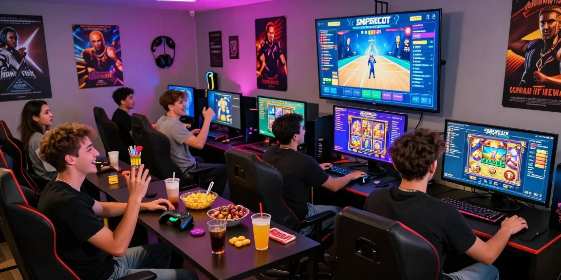 Friends enjoying SNIPERSLOT games in a vibrant gaming lounge, celebrating wins with snacks and drinks.