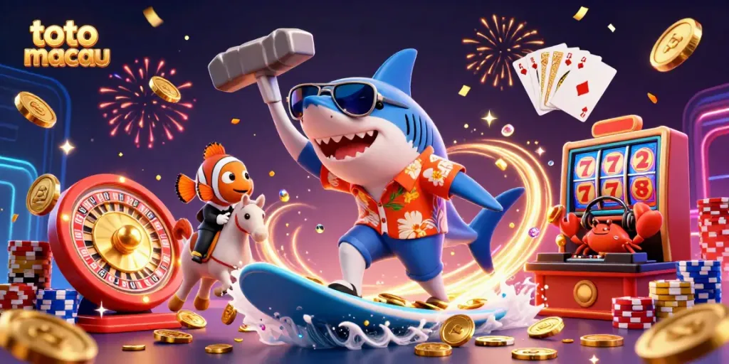 Toto Macau celebration with a shark surfing gold coins, showcasing casino elements