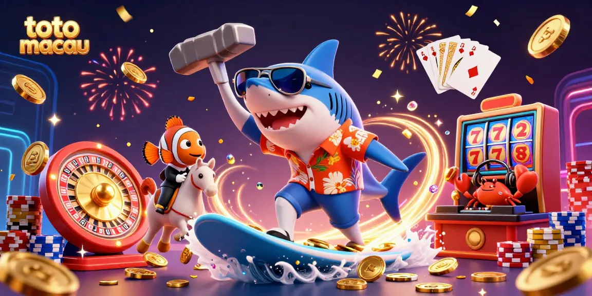 Toto Macau celebration with a shark surfing gold coins, showcasing casino elements