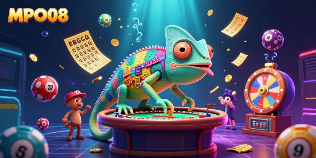 Experience winning excitement at MPO08 with a vibrant chameleon casino owner and dynamic lottery elements.