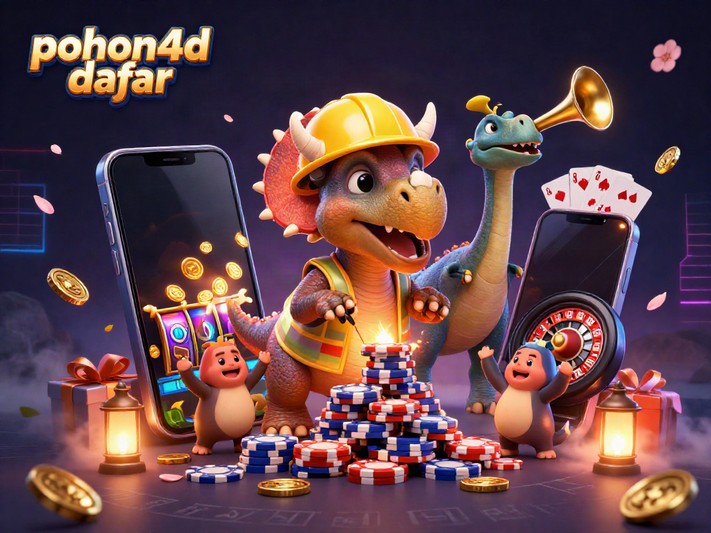 Pohon4d daftar showcases a vibrant 3D scene of characters celebrating casino wins amidst slot games and poker chips.