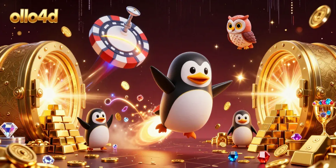 ollo4d gaming adventure featuring a golden penguin and a poker chip casino in space.