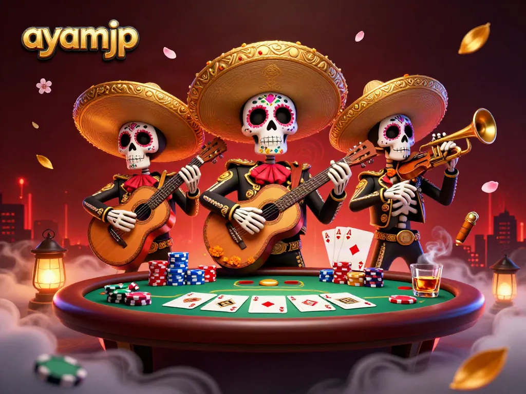 Join the excitement at ayamjp with a vibrant mariachi casino scene showcasing poker elements and festive colors.