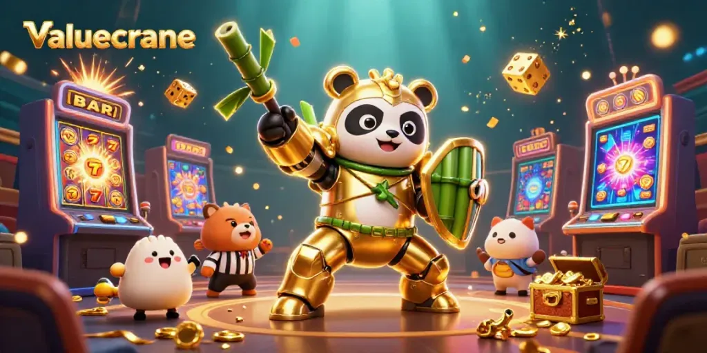Menghancurkan mesin slot dengan simbol nilai di arena, saat police panda menang, valuecrane.