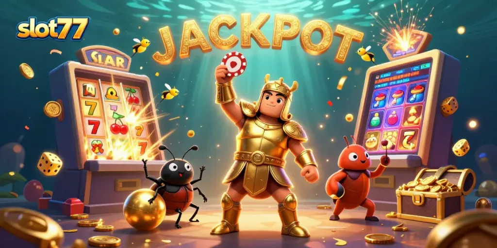 Menangkan slot777 dengan ilustrasi kasino bergaya kartun yang menampilkan jackpot dan unsur keberuntungan.