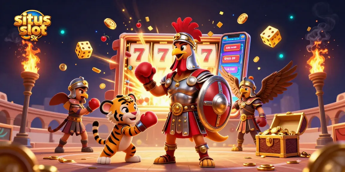 Spin to win with situs slot 5k as a colorful rooster gladiator battles for jackpot treasure.
