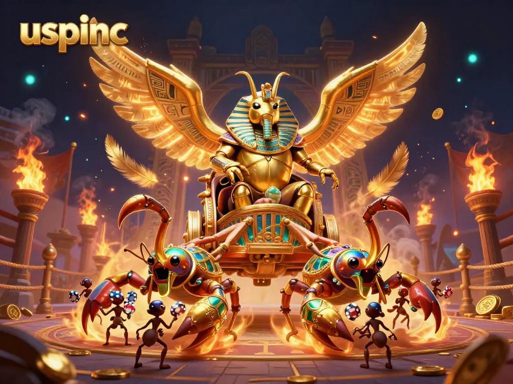 Experience rapid wins with USPINC, featuring golden scarabs, scorpions, and casino chips amidst vibrant action.