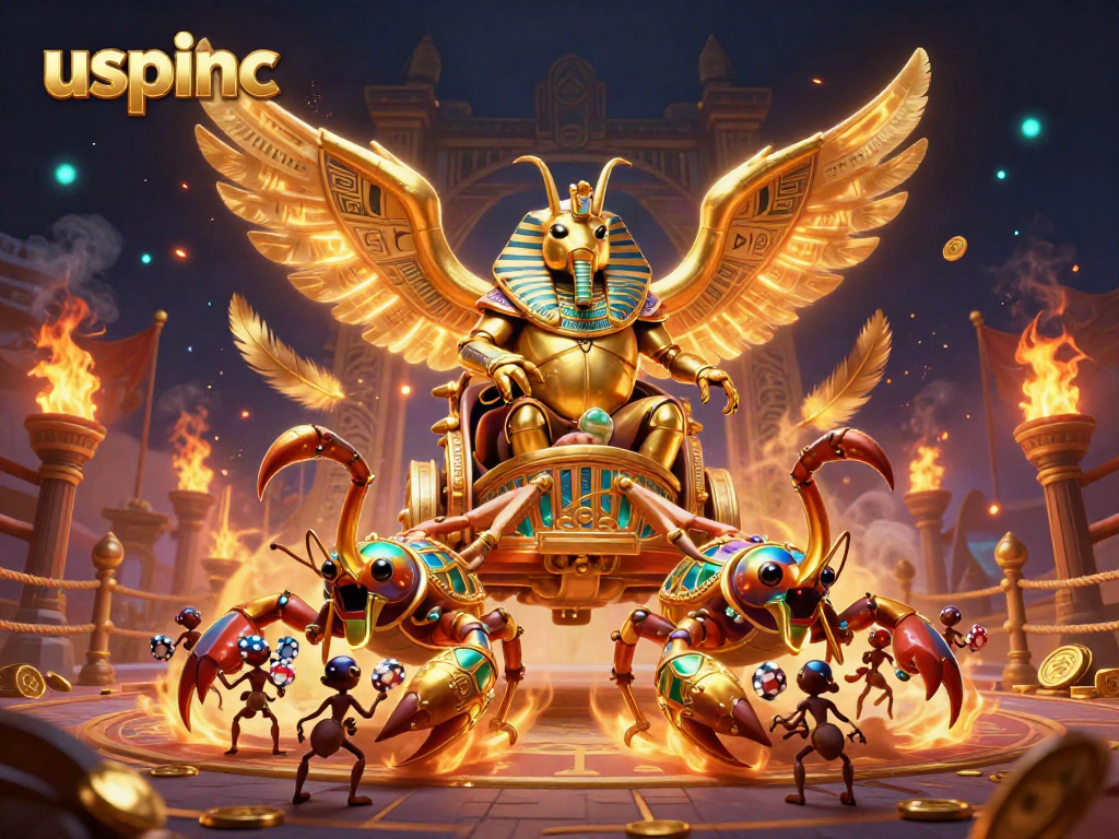 Experience rapid wins with USPINC, featuring golden scarabs, scorpions, and casino chips amidst vibrant action.