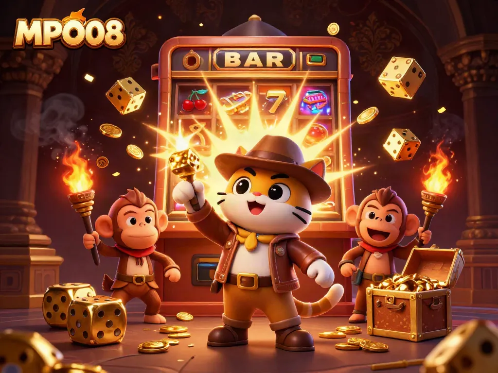 Engage in gaming adventures with MPO08, showcasing a scene with cartoon explorers interacting with casino elements.