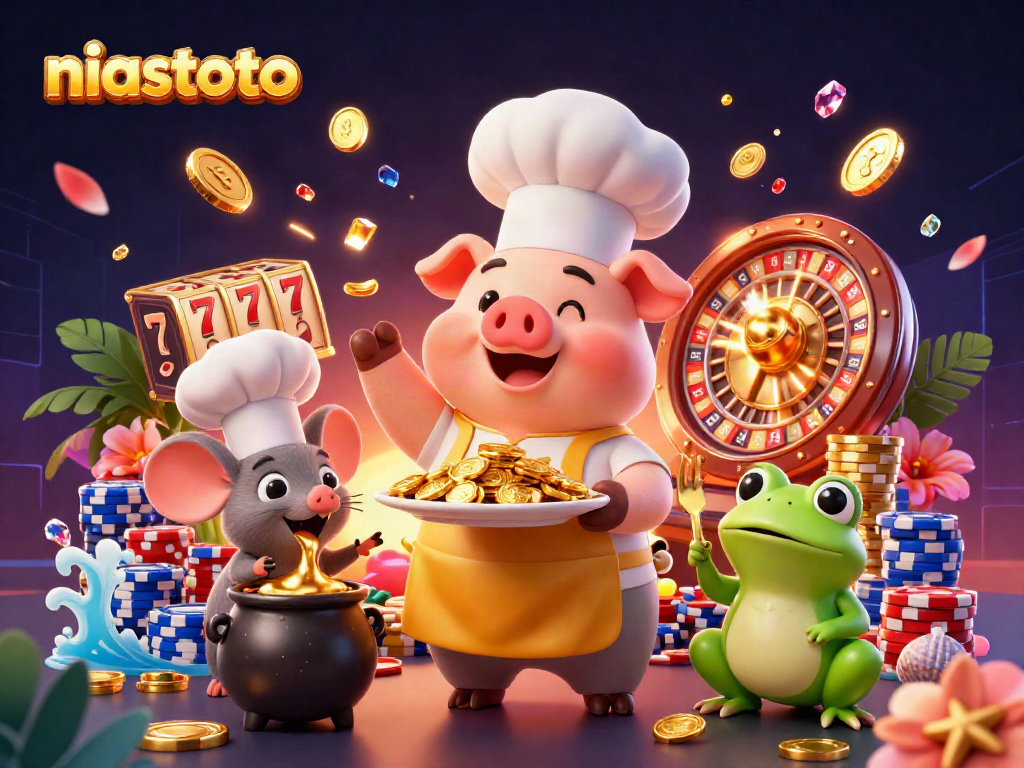 niastoto menampilkan karakter kasino dengan koin emas, slot, dan elemen kasino lainnya