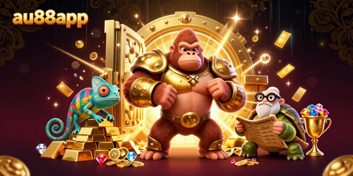 Experience excitement at au88app with a vibrant, luxurious casino illustration featuring a gorilla, chameleon, and tortoise amidst riches.