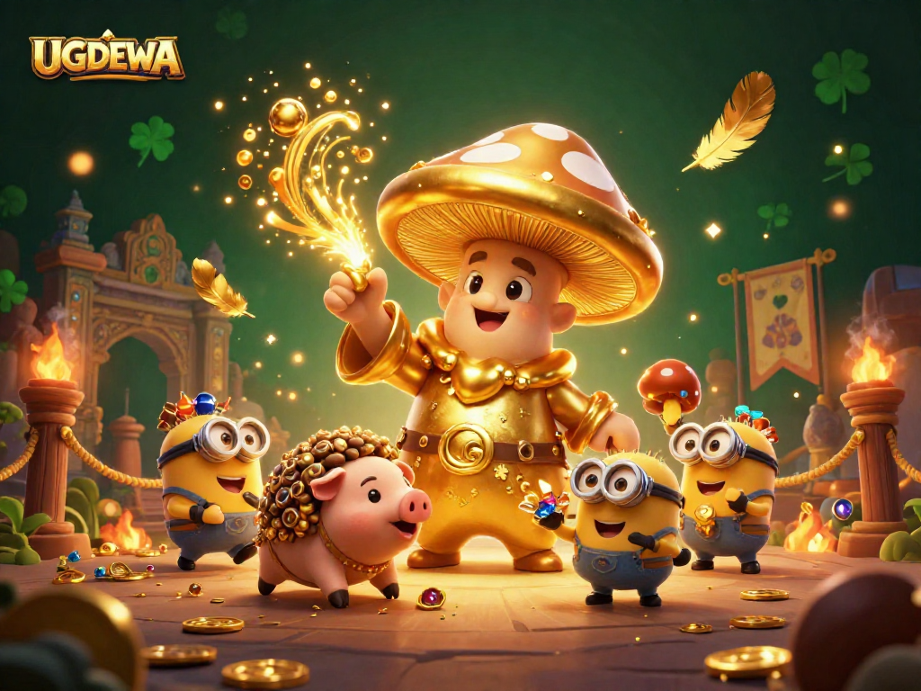 Engage with UGDEWA's vibrant gaming universe, featuring golden elements and enchanting characters.
