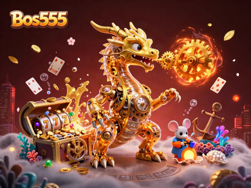 Permainan slot Bos555 yang menyenangkan dengan naga emas futuristik dan elemen kasino.