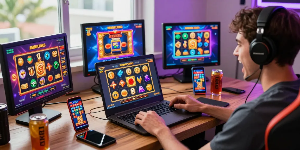 situs slot deposit 10 ribu: Excited player enjoying online slot game on laptop with vibrant graphics