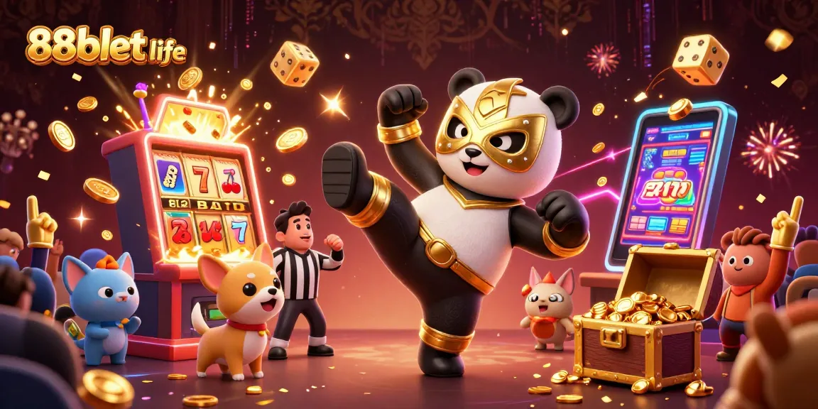 Experience thrilling gameplay at 88bbet life with a dynamic illustration of a panda wrestler amidst jackpot excitement!