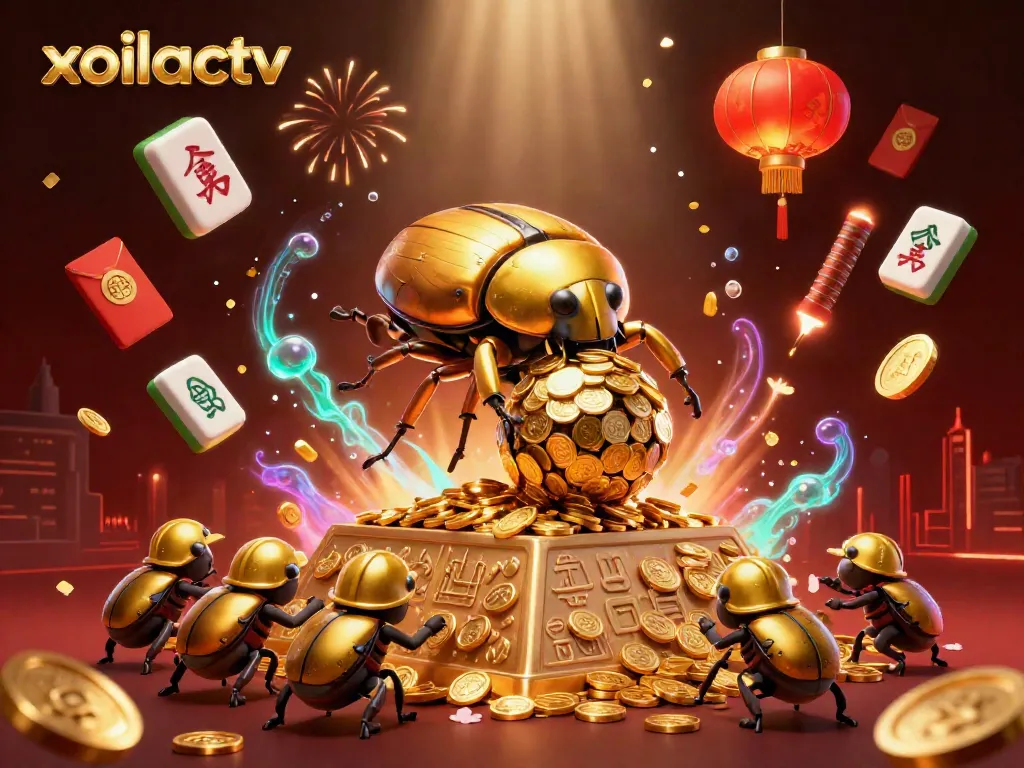 Xoilactv captures excitement with a golden dung beetle rolling treasure at a vibrant casino pyramid.