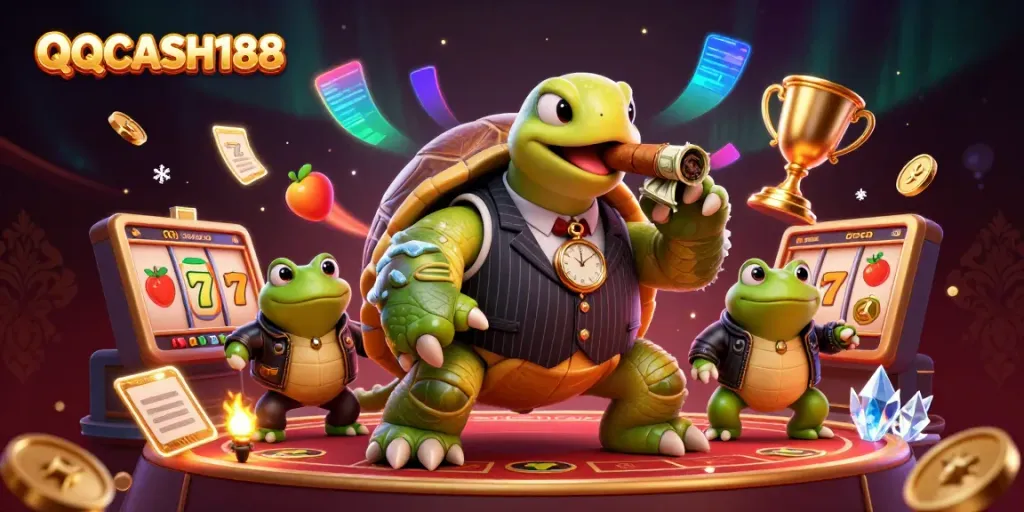 Experience thrilling gaming at QQCASH188 with dynamic slot reels and characters in action.