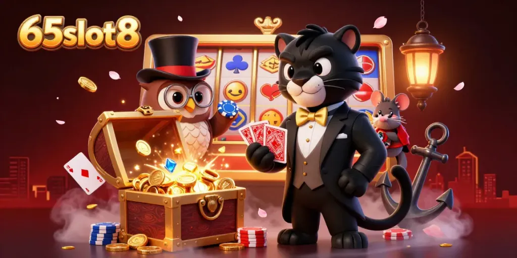 Experience the thrill with 65slot8, as our stylish characters deal cards in an energetic casino scene.