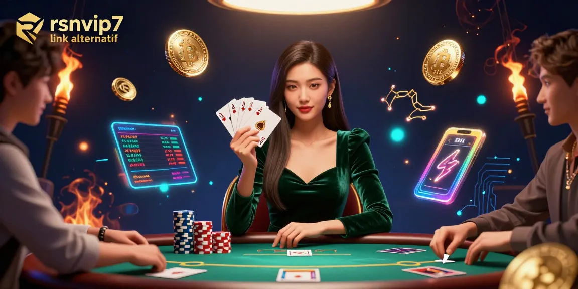 Experience the excitement of poker gaming with rsnvip7 link alternatif, featuring a beautiful Asian woman at a luxury poker table.