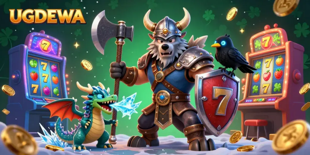 Immerse in the vibrant gaming realm of UGDEWA with a Viking warrior, dragon, and slot machines.