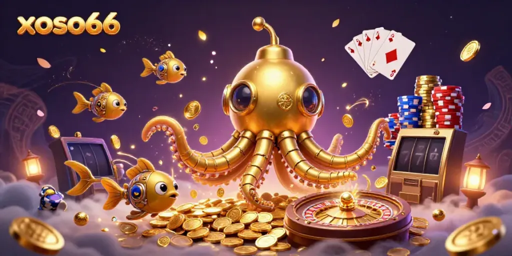 Xoso66 offers vibrant online gaming excitement with a golden kraken and dynamic casino elements.