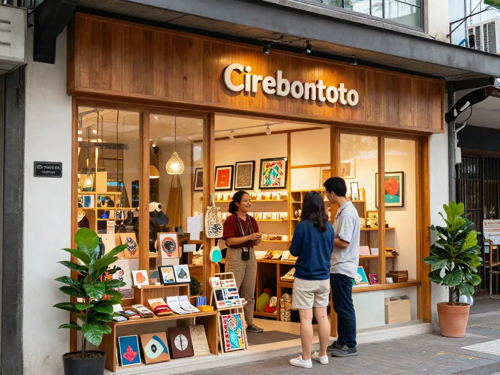 Suasana toko "Cirebontoto" yang ramai dengan kerajinan lokal dan interaksi antara pelanggan dan penjaga toko.