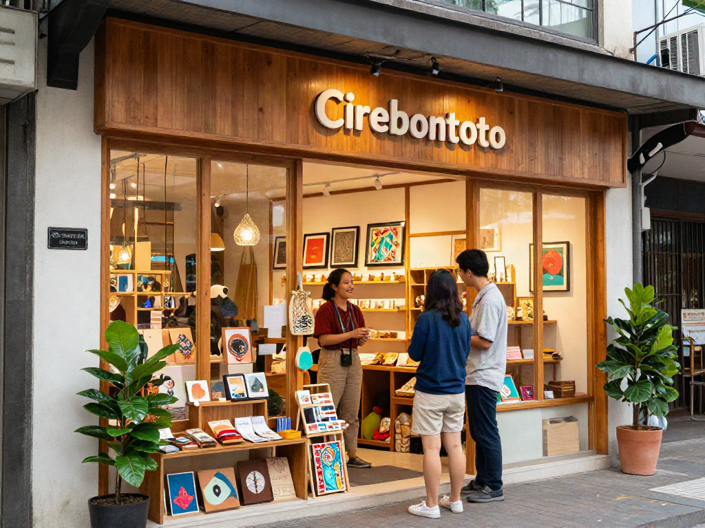 Suasana toko "Cirebontoto" yang ramai dengan kerajinan lokal dan interaksi antara pelanggan dan penjaga toko.