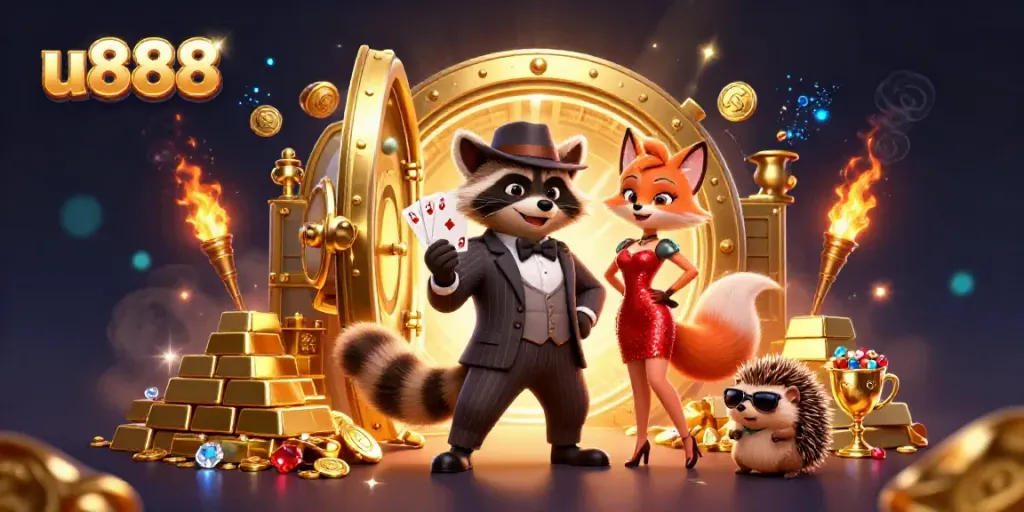 Experience the excitement at u888 with a raccoon holding a royal flush in a dynamic casino scene.