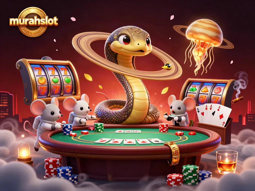 Experience exhilarating gameplay with murahslot's cosmic casino scene featuring vibrant slots and bet-placing astronaut mice.