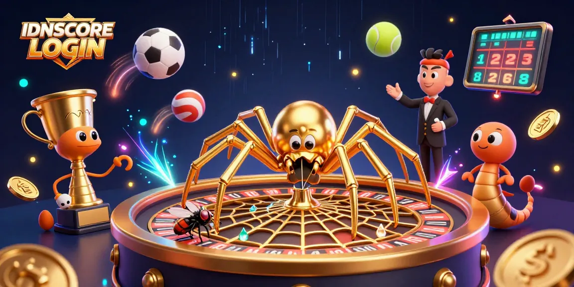 IDNSCORE LOGIN interactive gaming scene with a golden spider, betting fly, and centipede croupier in action