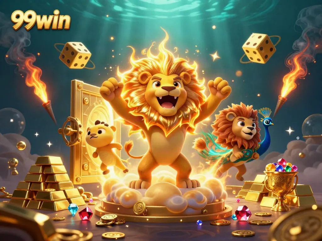 Experience thrilling wins with 99win as a golden lion roars amidst a treasure-filled casino atmosphere.