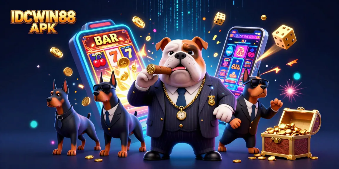 Experience the thrilling IDCWIN88 APK with cartoon mafia characters and dynamic casino elements.