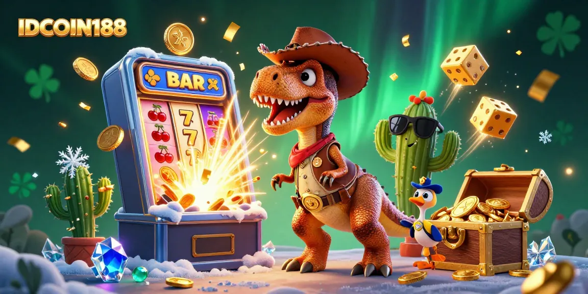 IDCOIN188 celebrates casino excitement with a dazzling 3D illustration of a cowboy dinosaur and slot machine.