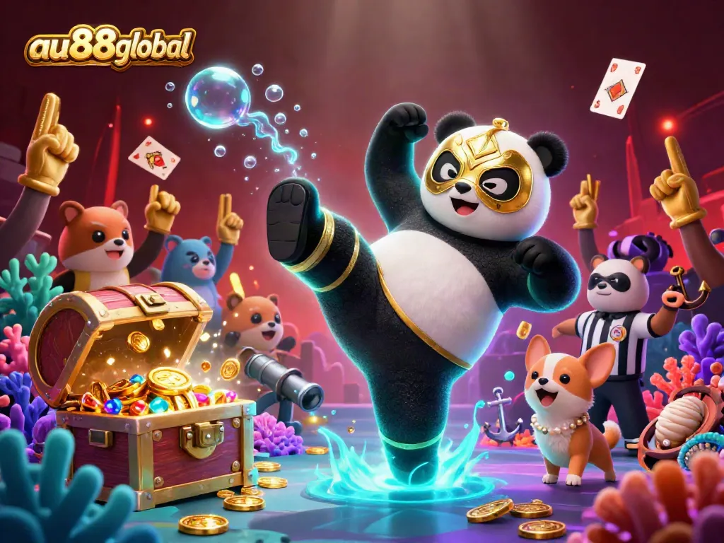 Engaging scene of the au88global panda wrestler with casino elements celebrating vibrant online gaming.